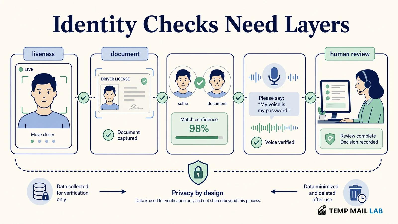 Layered identity verification with liveness, document, face match, voice challenge, and human review.