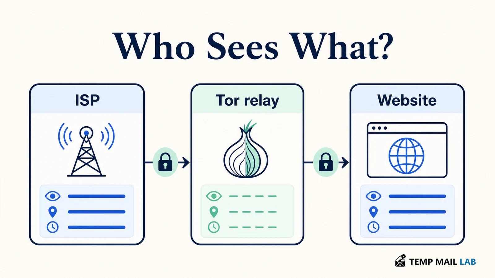 Who Sees What: ISP, Tor relay, and website visibility.
