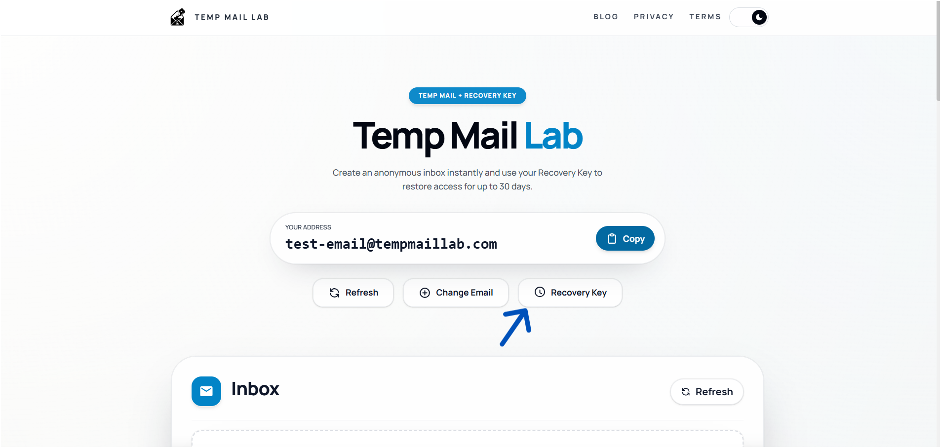 Generate temp email with recovery key I tempmaillab.com