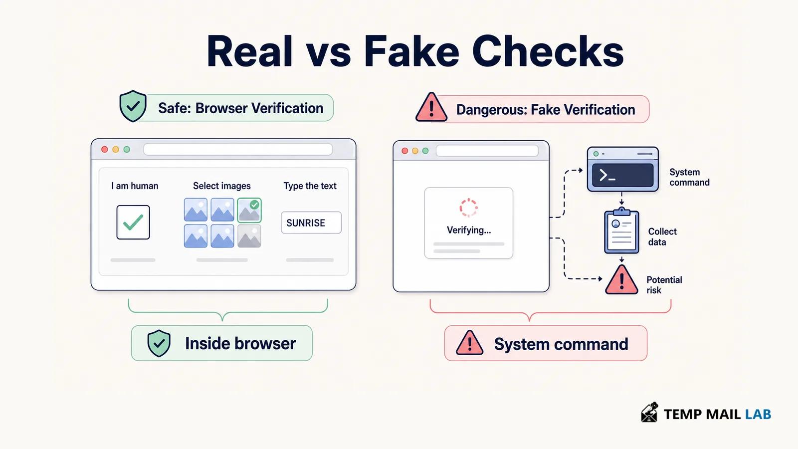 Comparison of real CAPTCHA checks with fake instructions to run commands