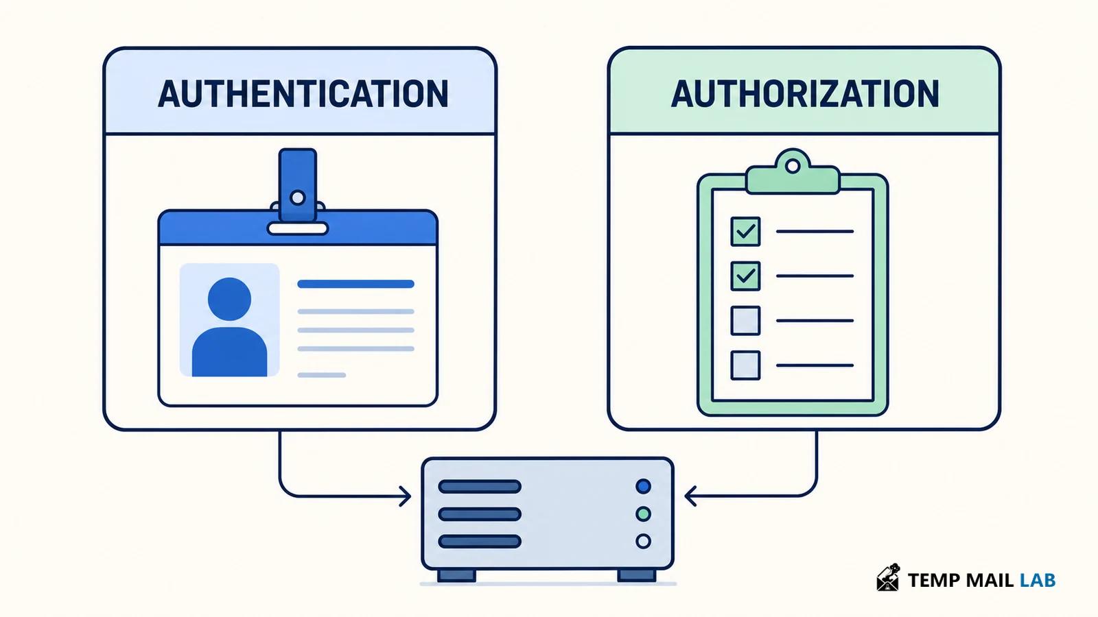 Authentication and authorization decisions meeting at a protected API server.