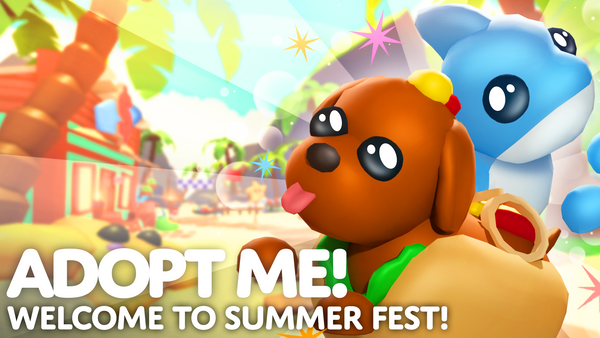 Hot Doggo, a dog in a hot-dog costume, and Shark Puppy, the puppy with fins, welcome you to the Summer Festival Adopt Me Update! In the background, there is a new Summer beach area with the Shop, entrance to minigames, and all the fun!