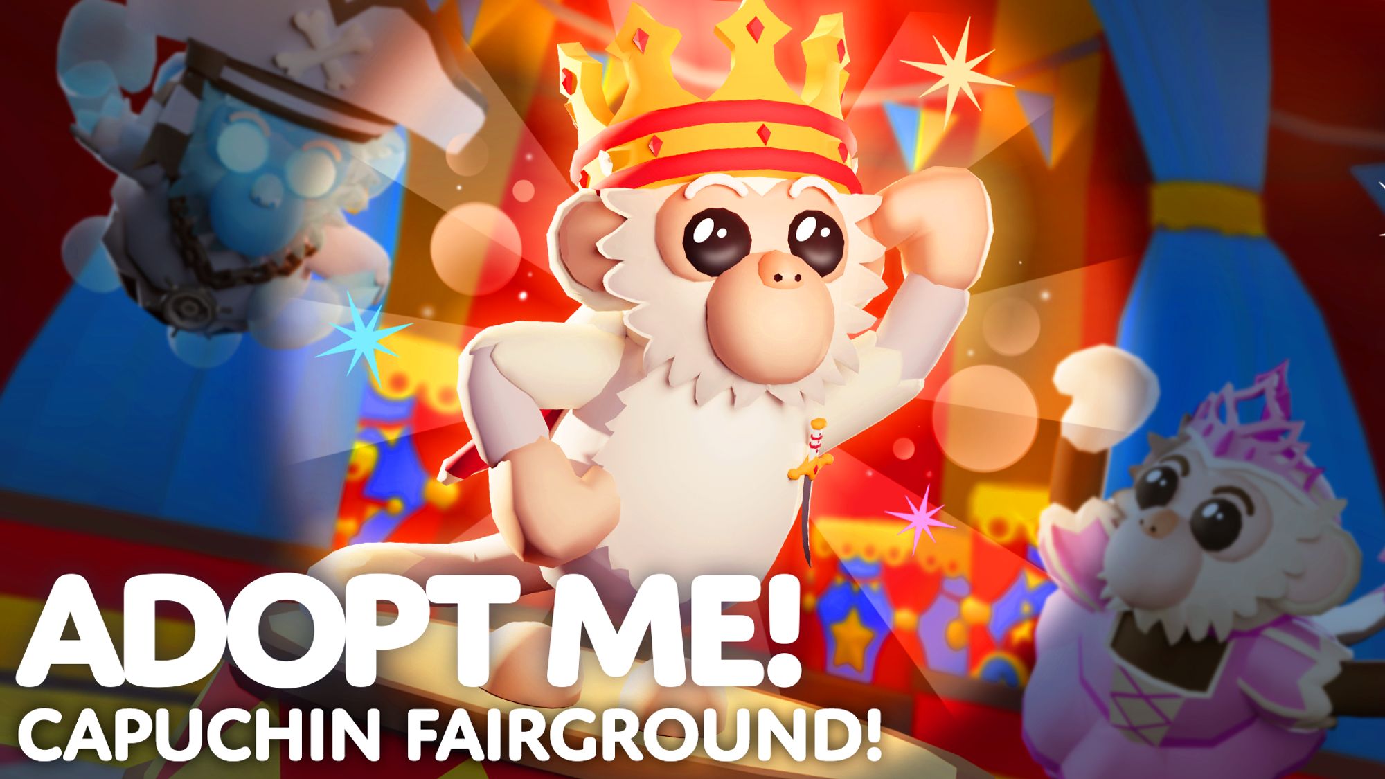 Royal Capuchin Monkey, Princess Capuchin Monkey and Pirate Ghost Capuchin Monkey welcome you to the Traveling Capuchin Fairground update in Adopt Me!