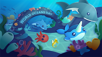 Ocean egg pets swimming around under a banner that says world ocean day. 