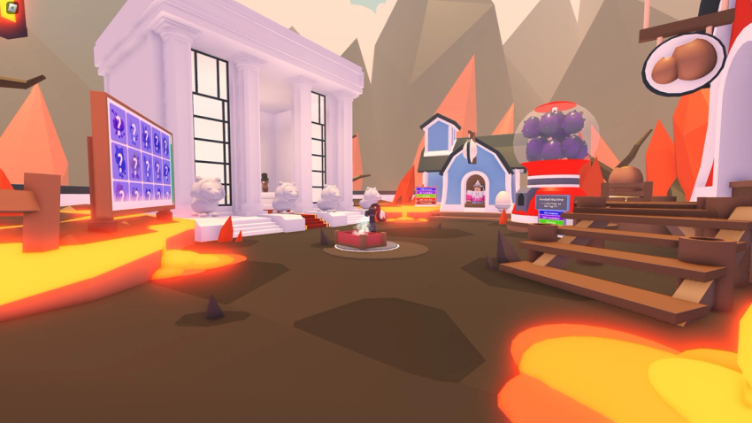 in-game screenshot including lava and dangerous spikes, which are now covering the Adoption Island nursery! Danger Egg covered in spikes showed up in the Gumball machine, surrounded by the Royal, Cracked and Pet Egg. On the left, there is a table of all available Adopt Me pets.