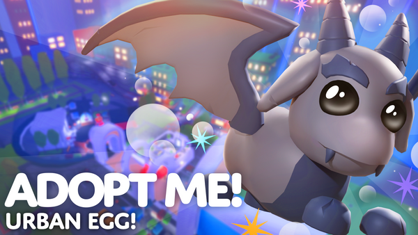 Gargoyle pet welcomes you to the Adopt Me Ubran Egg update, with a cityscape background in the Nursery, 