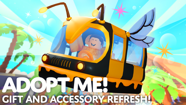 Doug in a Bee Shuttle Vehicle welcomes you to the Gift and Accessory refresh update in Adopt Me!