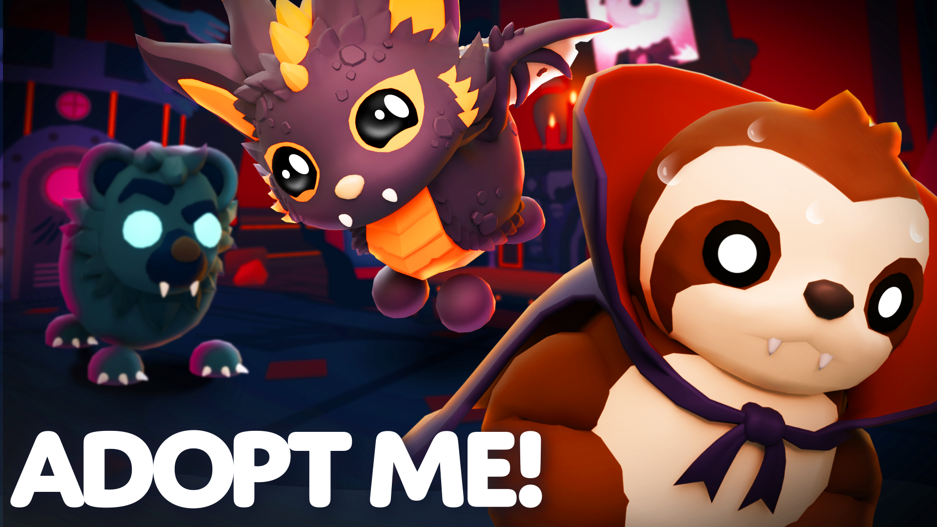Stray Cat Dragon dan Count Slothula dalam key art resmi Halloween Adopt Me 2026