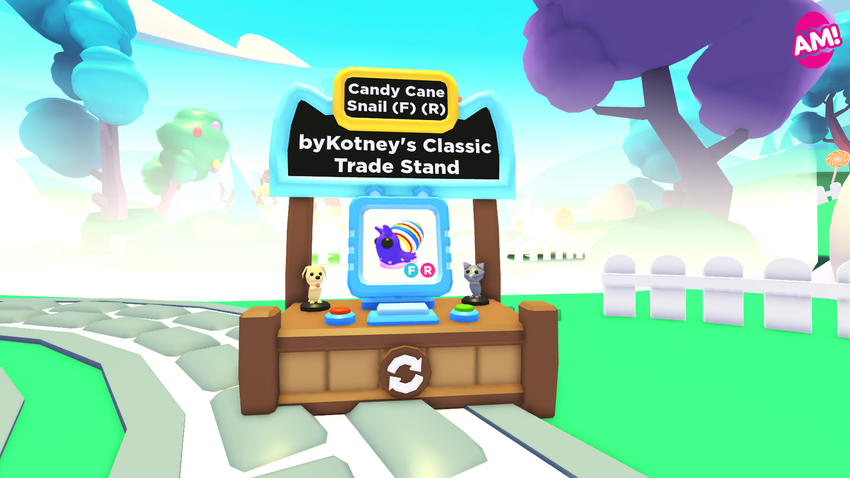 Screenshot of the Trading Stand in Adopt Me, showing the FR Candycane Snail on byKotney's Classic Trade Stand.