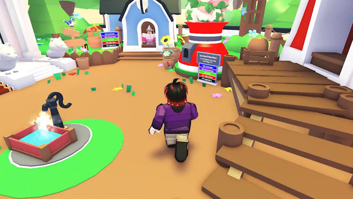 Roblox avatar walks to the Gumball machine in the Nursery and buys 10 Garden Eggs.