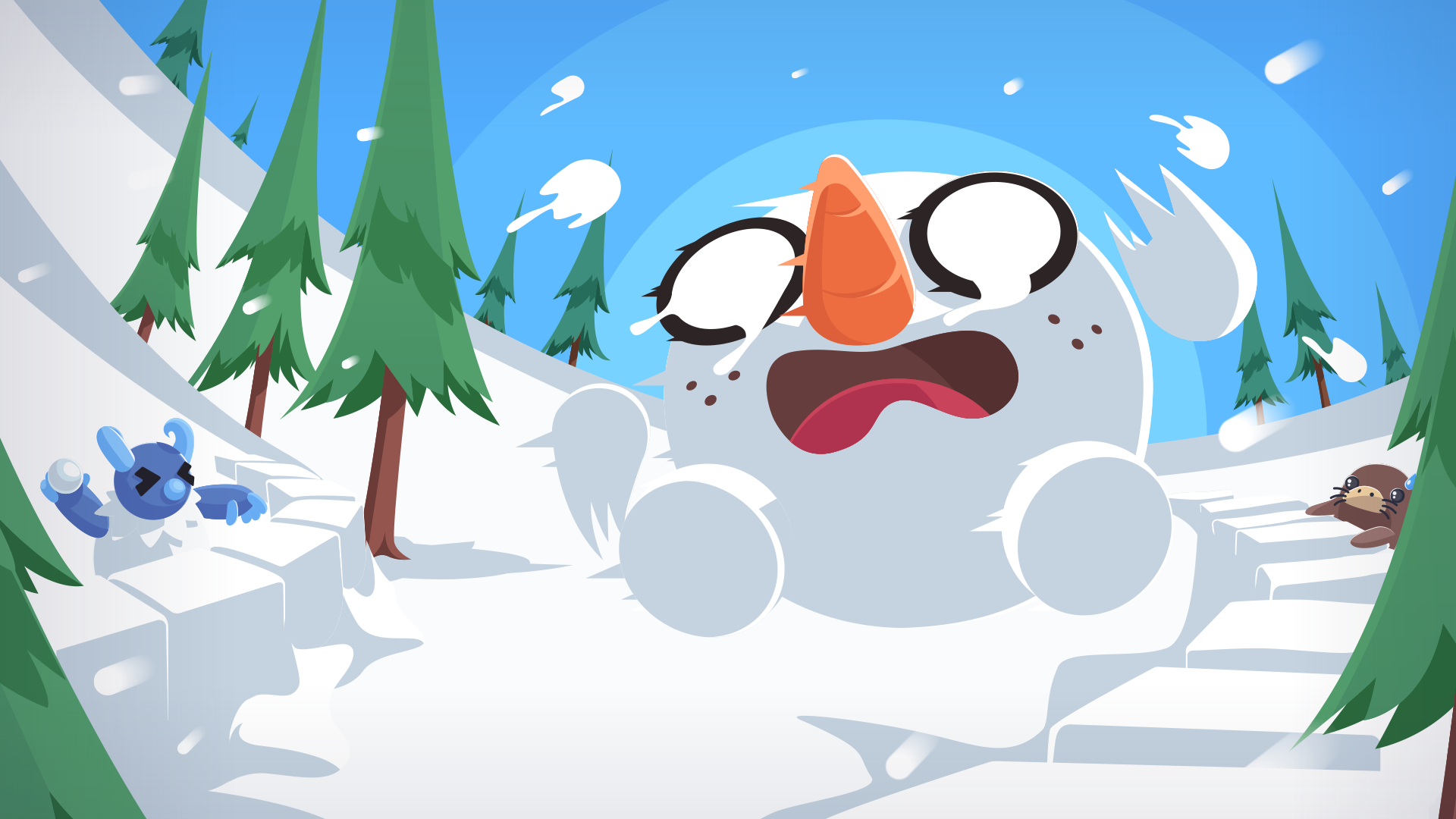 A flustered Snowball Pet rolling down a snowy hillside while being pelted with snowballs from a Yeti.