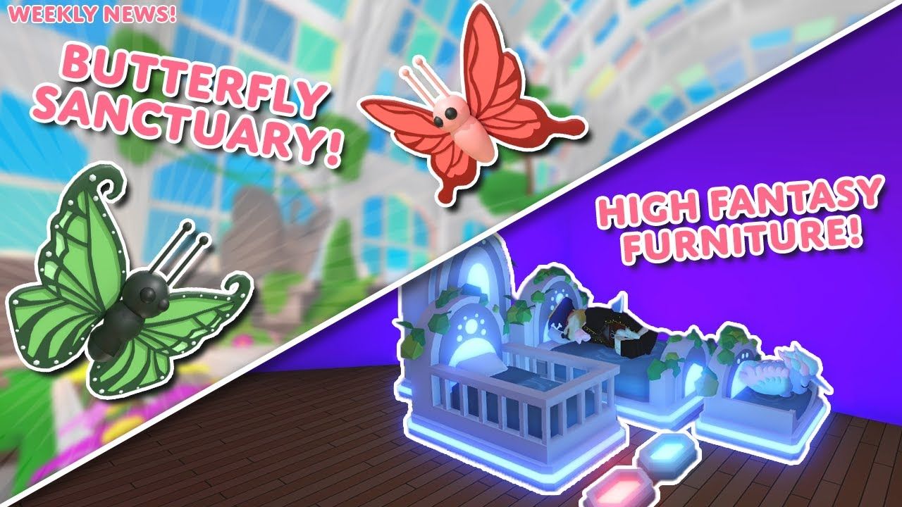 A wallpaper divide in half cross-wise. On the upper-left half, there is a green butterfly and a pink butterfly floating near the text "Butterfly Sanctuary!". In the lower-right of the wallpaper, there are several beds and furniture pieces made of marble with blue linens. On the background of the room is text that says: "High Fantasy Furniture!".