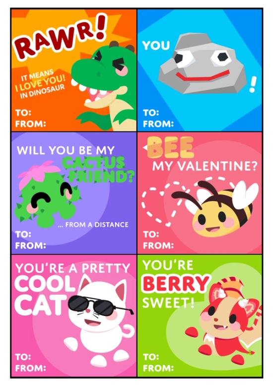 6 Valentines in one image: "Rawr! It means I love you! in dinosaur" with a T-Rex, "You" text with a Pet Rock illustration saying "YOU ROCK!", "Will you be my Cactus Friend? ... from a distance", "Bee my valentine?", "You're a pretty cool cat!", and "You're Berry sweet!" with an illustration of the Strawberry Shortcake Bat Dragon