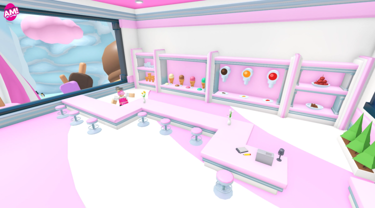 Screenshot of the new Ice Cream shop interior, with a brand-new Ice Cream parlor. Elsa, the pink-haired NPC stands behind the counter, with multicolored ice scoops, cones, and toppings on the wall behind her.