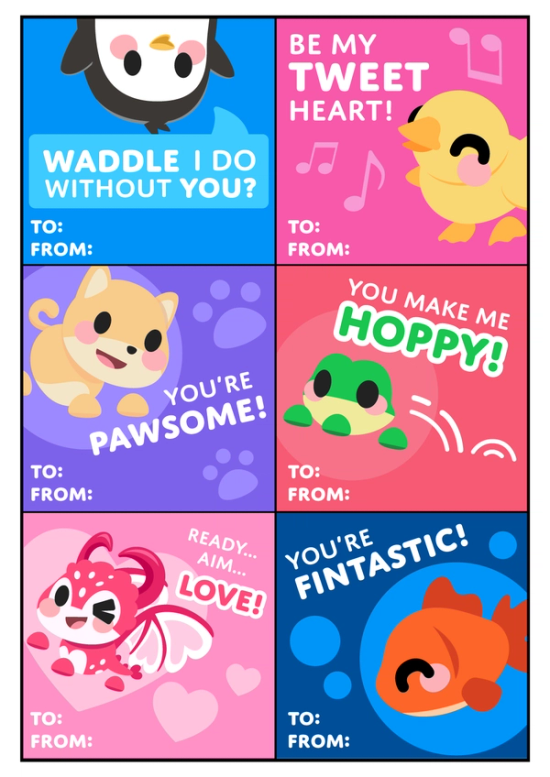 6 Valentines in one image: Illustration of a Penguin with the text "Waddle I do without you?", a Chick saying "Be my tweet heart!", Dog saying "You're pawsome!", Frog saying "You make me hoppy!", the new Cupid Dragon saying "Ready... aim... love!", and the Goldfish saying "You're fintastic!"