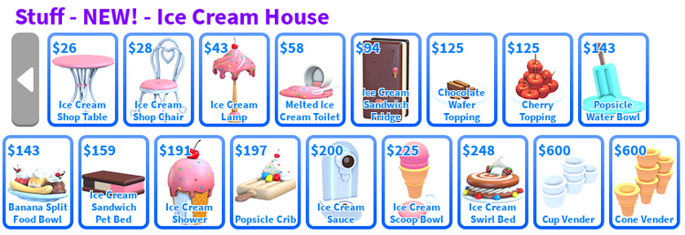 Table of the in-game Ice Cream themed furniture listed below.