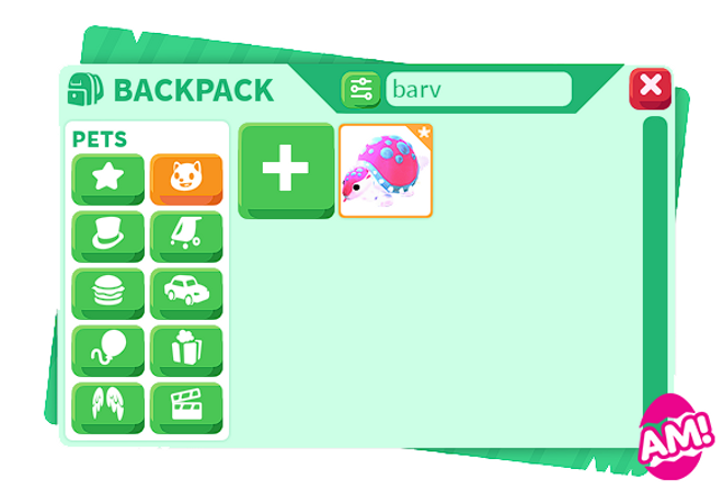 Screenshots of the in-game Adopt Me backpack showing icons for each of the categories. In the main section, you can see a Glyptodon with the search bar saying "Barv".