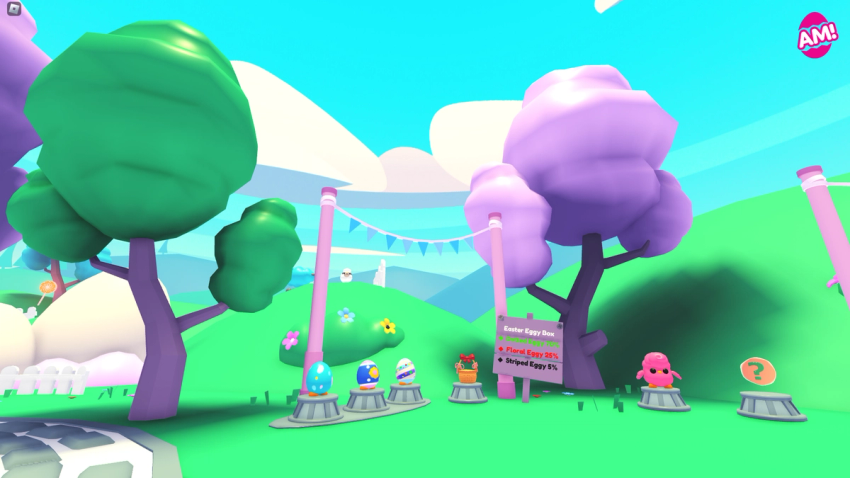 Screenshot from Adopt Me, showcasing the Dotted, Floral and Striped Eggys beside the Candyfloss Chick. They are surrounded by sweet, green and pink trees.