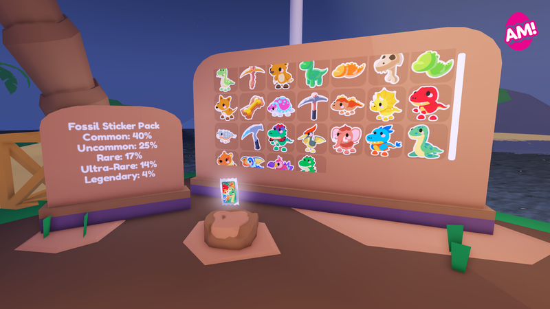 Screenshot of the in-game Stickers table showing all stickers added with the Fossil Isle Mine, listed below.