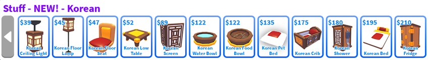 Table of all new Korean themed furniture items added to Adopt Me, listed individually below.