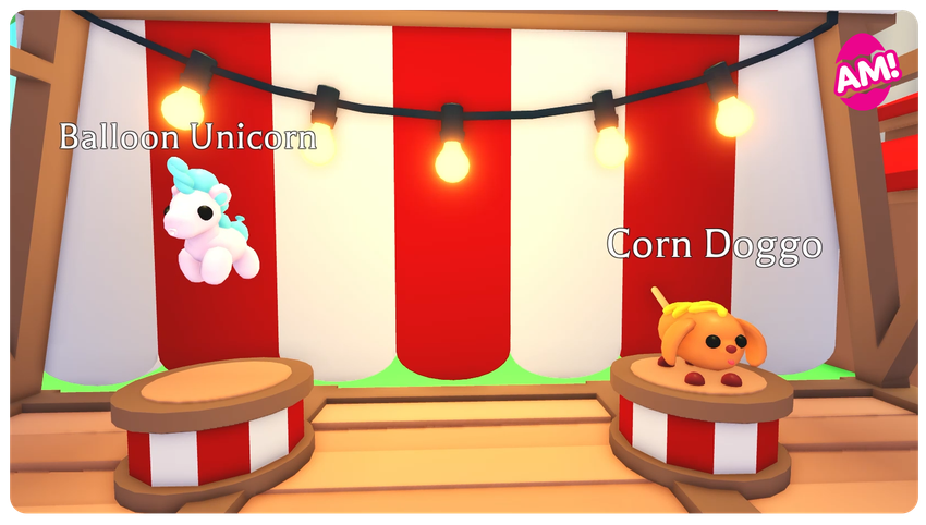 In-game screenshot of the Balloon Unicorn and Corn Doggo on their State Fair stands. 