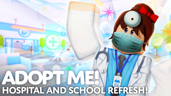 Doctor Knee welcomes you to the Adopt Me School and Hospital Refresh! She is wearing a surgical mask, a stethoscope, and a head lamp.