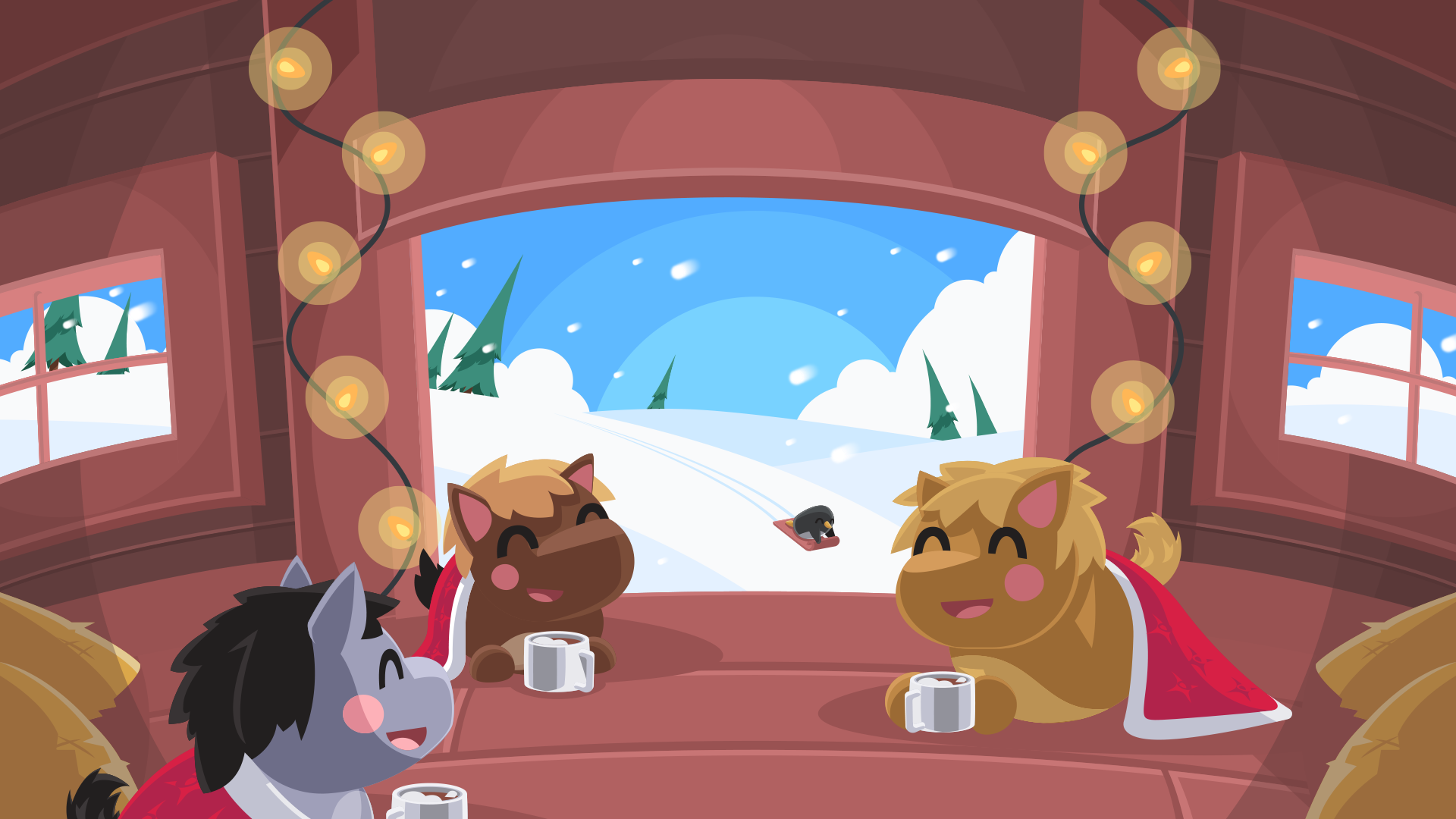 Three ponies gathered inside a cabin sippin cocoa with a penguin sledding down the mountain. 
