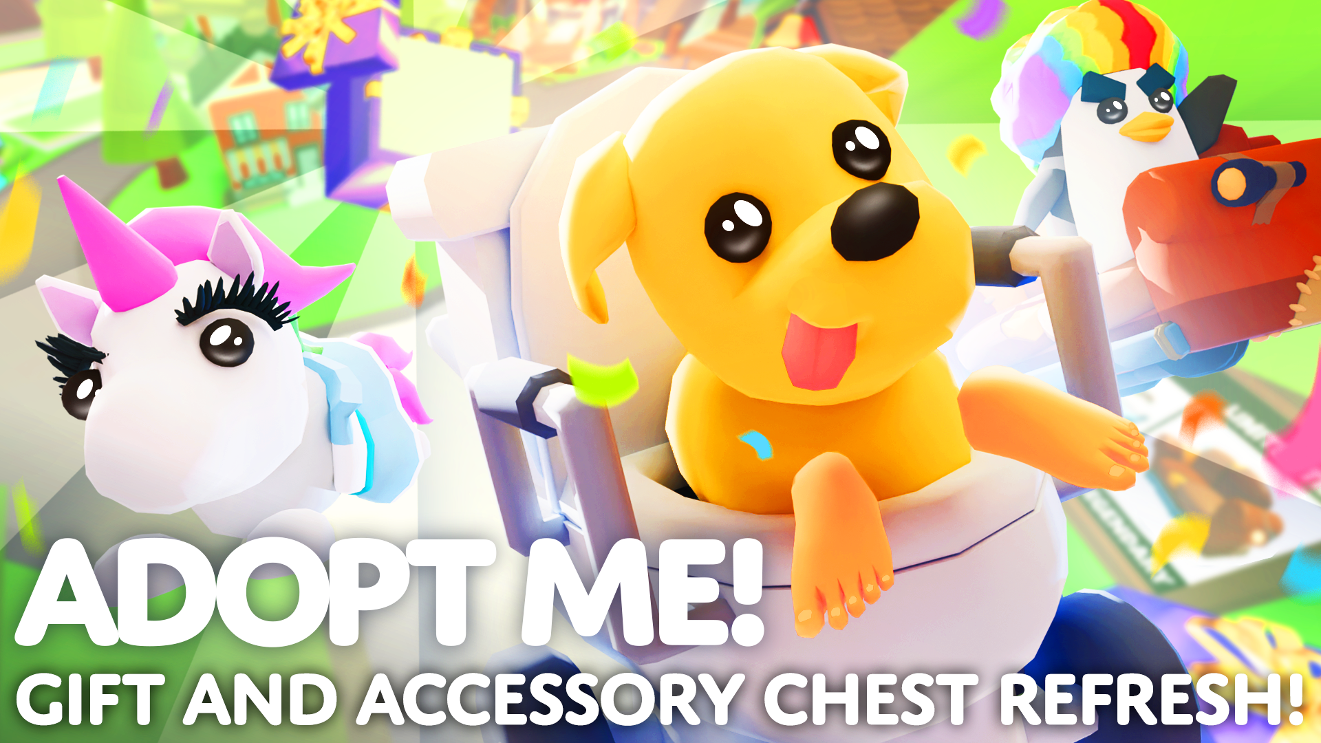 Welcome to the Gift and Accessory Chest Refresh update in Adopt Me! Dog in a toilet stroller with human feet attached, Unicorn with unfortunate eyelashes on, and a Penguin with the clown wig. 