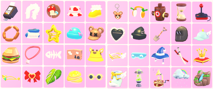 Sign from the Hat Shop showing icons of every new item added to the Accessory Chests, listed below.