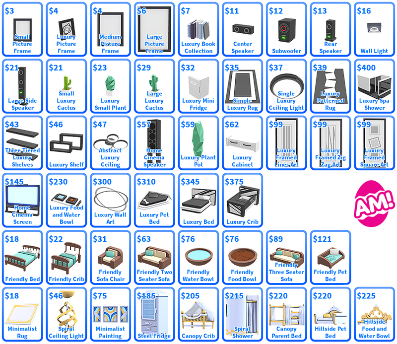 Table of all furniture added in the furniture packs, listed below.
