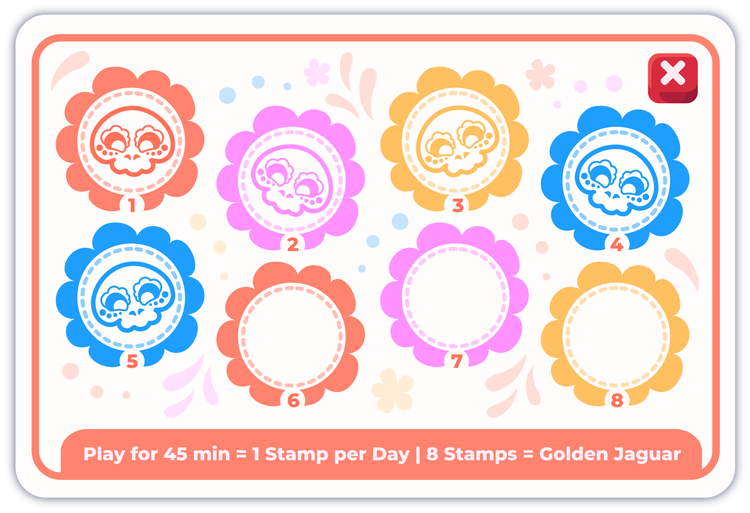 Día de los Muertos stamp card, including little sugar skulls as stamps. Collect 8 to unlock the Golden Jaguar!