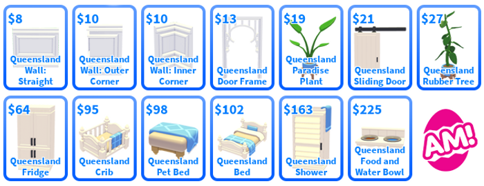 In-game list of the Queenslander furniture and their prices, listed above.