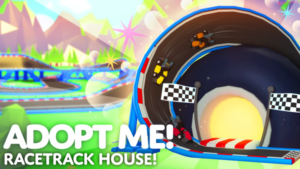 Welcome to the Adopt Me Racetrack House Update! Cars are racing on the loops of the Racetrack House with checkered flags indicating the entry, inviting you inside for a race!
