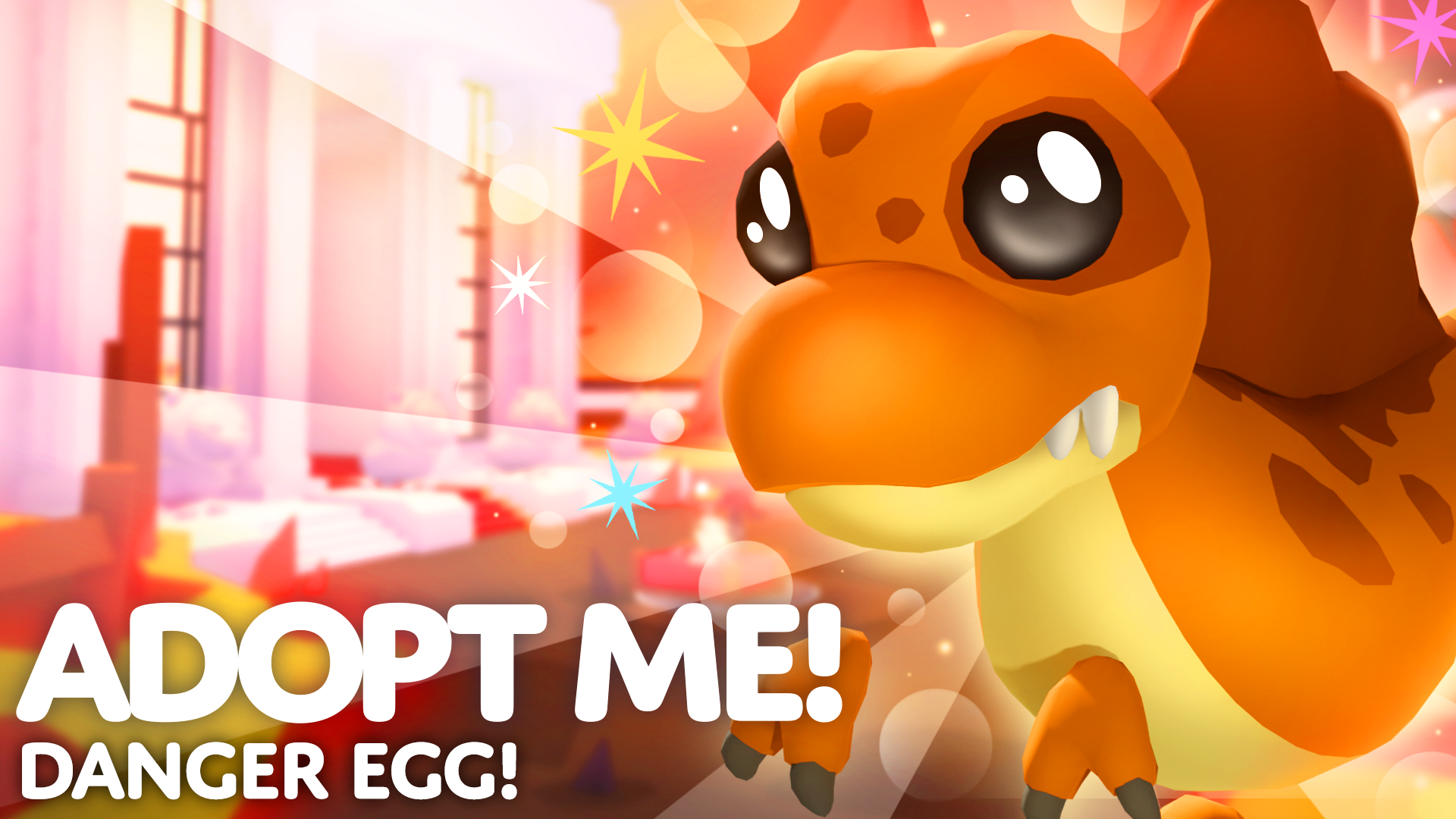 A Spinosaurus looms over the new, lava-themed nursery background. Text in the lower left reads "Adopt Me! Danger Egg!"