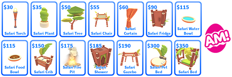 A table showing each of the Safari-themed items listed with their prices like below.
