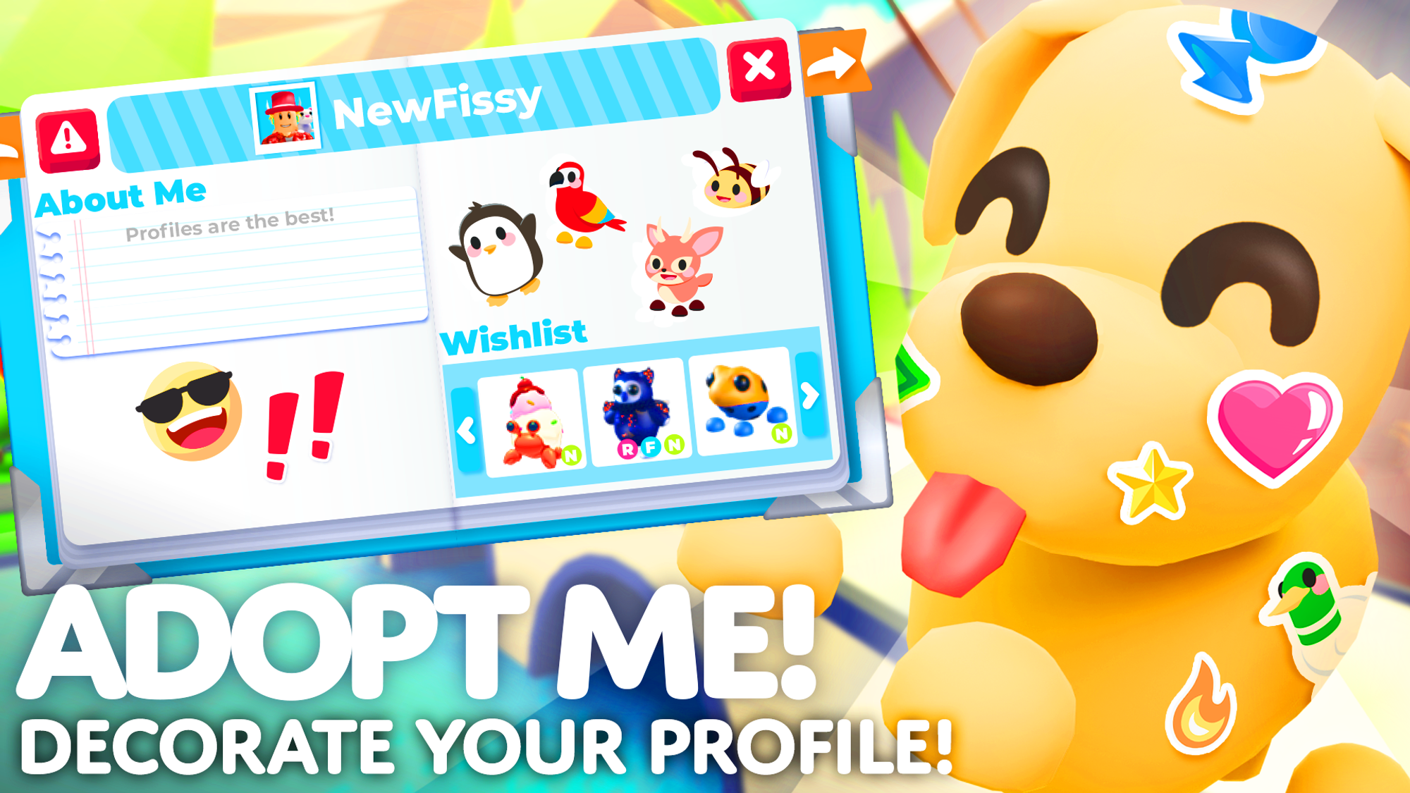 Adopt Me Thumbnail that reads: Decorate Your Profile! The Dog is holding up NewFissy's player profile, both covered in Stickers! 
