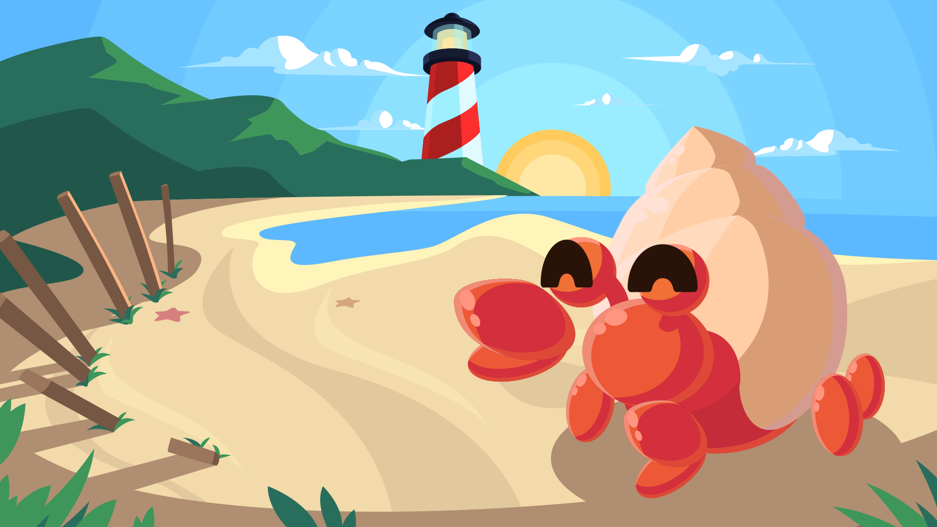 Hermit Crab walking on the beach in the sunshine, with a lighthouse in the background.