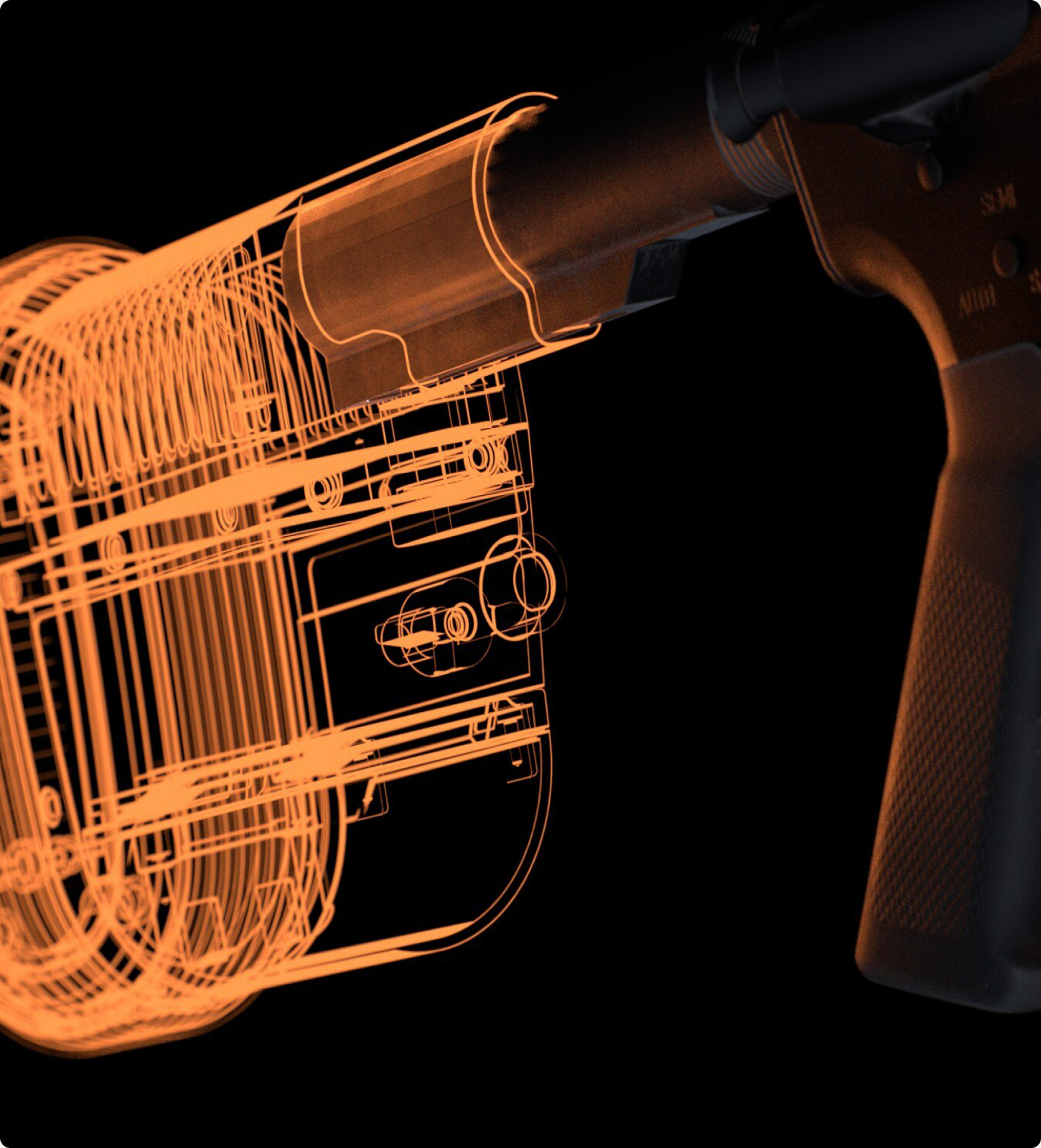 3D weapon render with orange wireframe overlay