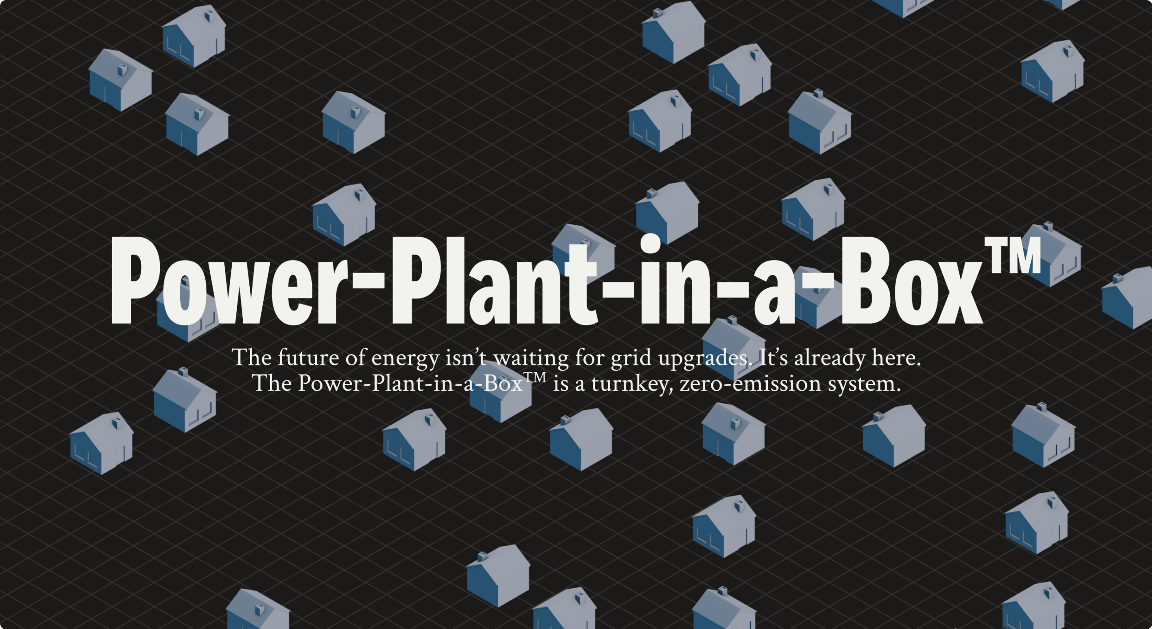 Power-Plant-in-a-Box™ headline on dark isometric unit pattern