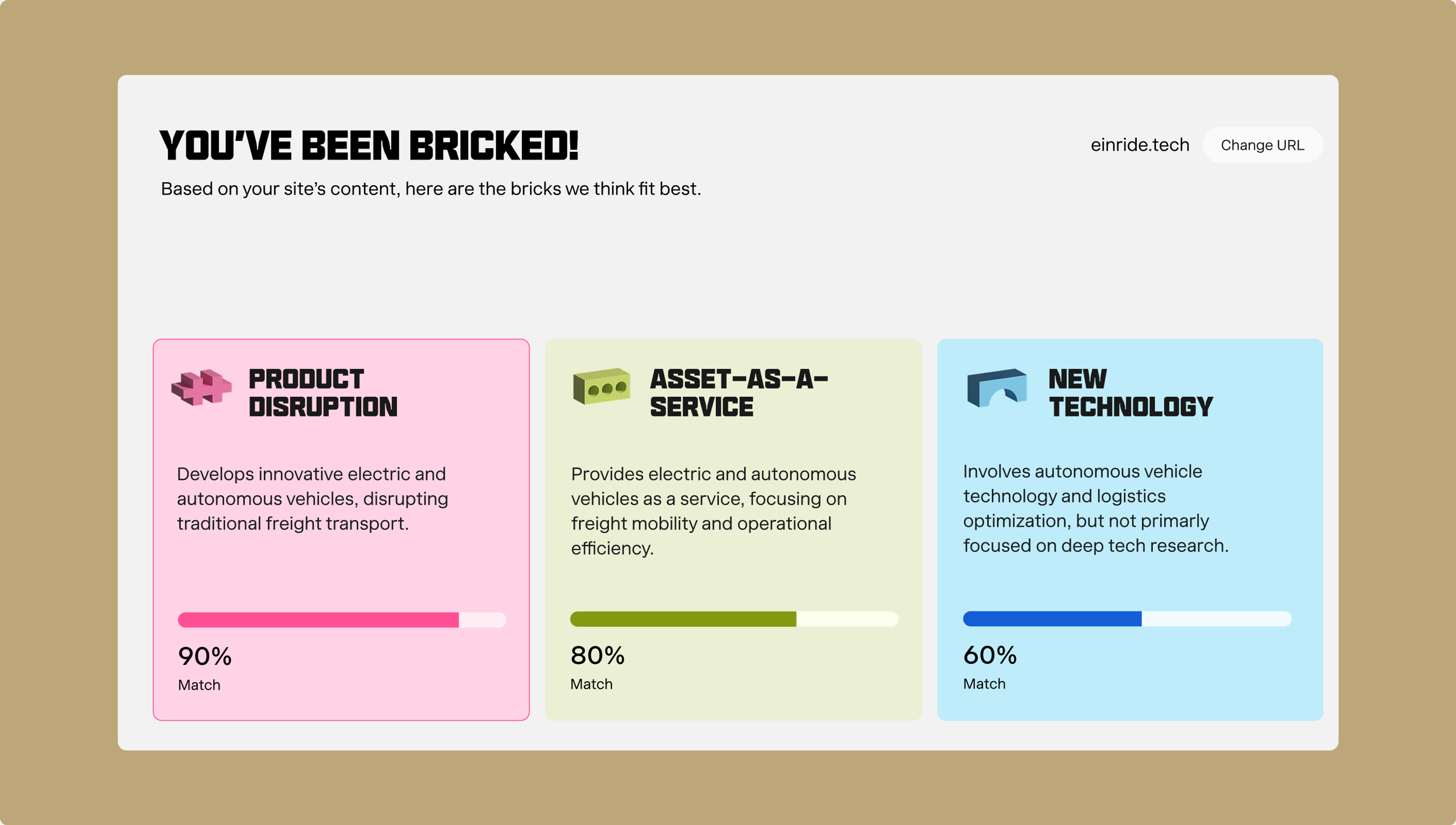 The Brick Finder results screen, showing three matched bricks with percentage scores