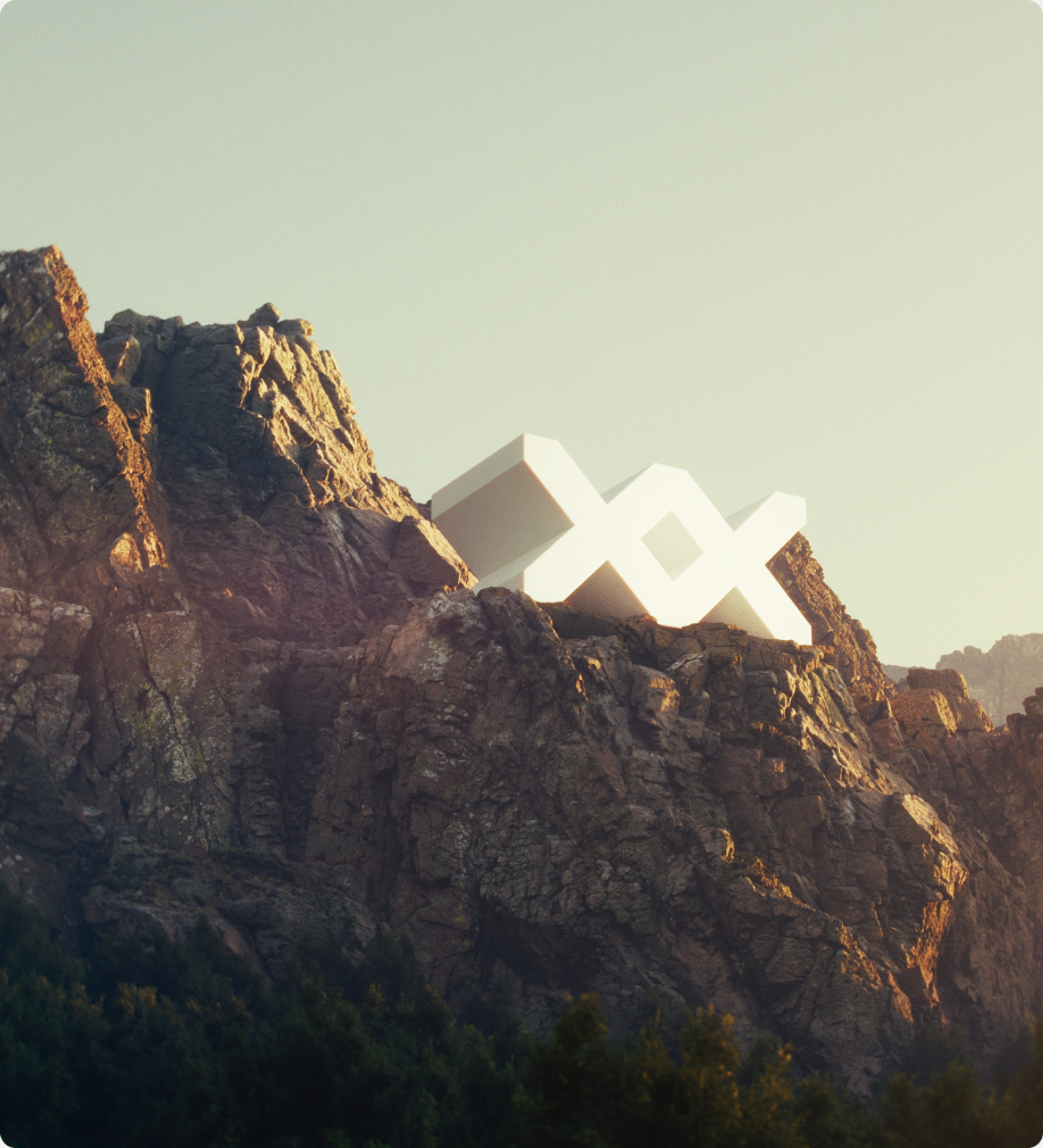 A white brick modelled as a monolith on a rocky ridge at first light