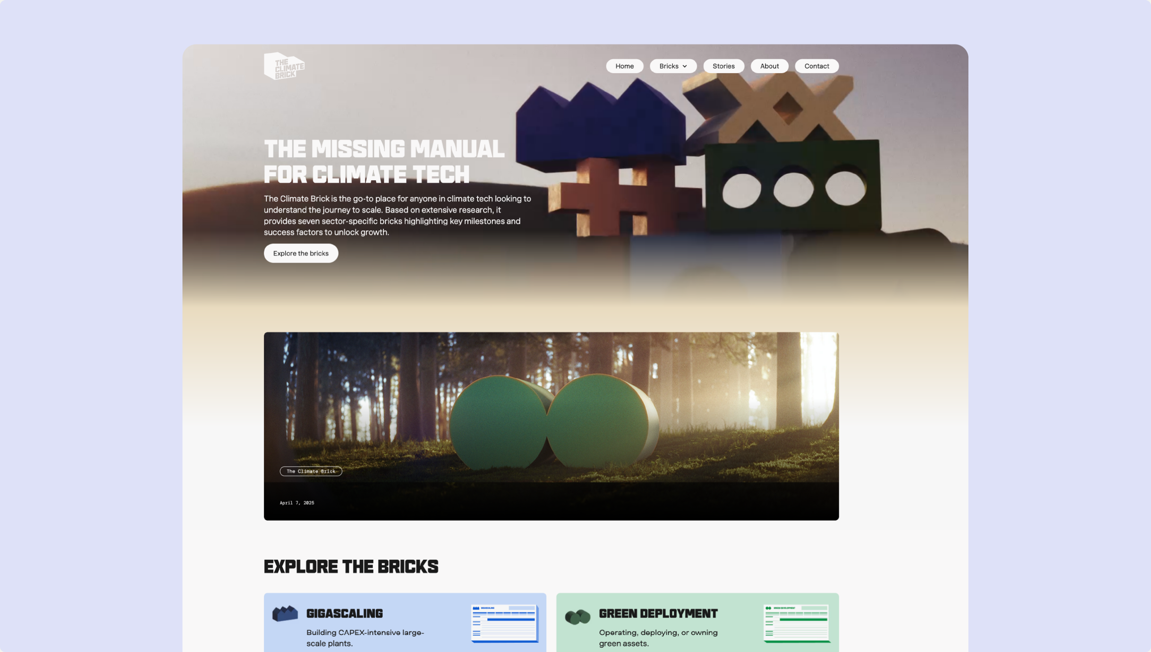 The Climate Brick homepage, with the hero headline and the Explore the Bricks section below