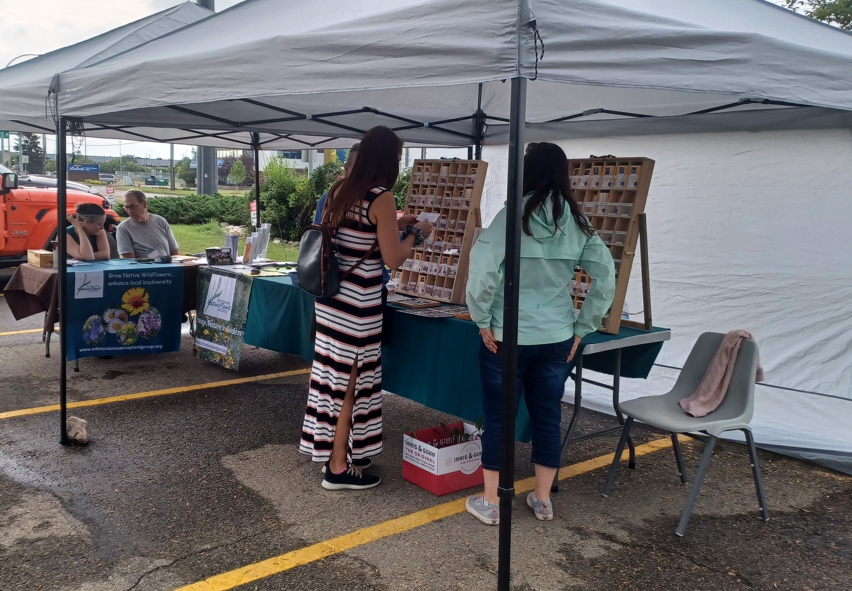 image of a volunteer helping a shopper select native plant seeds at a sale