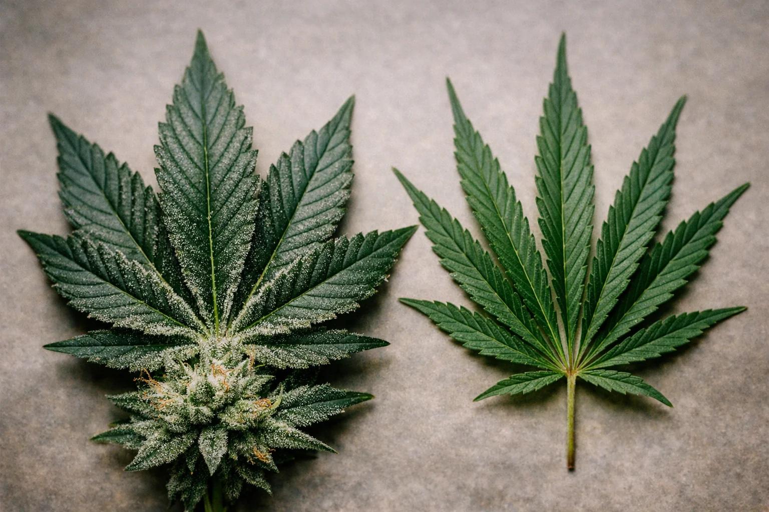 Editorial close-up comparing indica fan leaf with 7-9 wide fingers next to narrow sativa leaf on neutral background