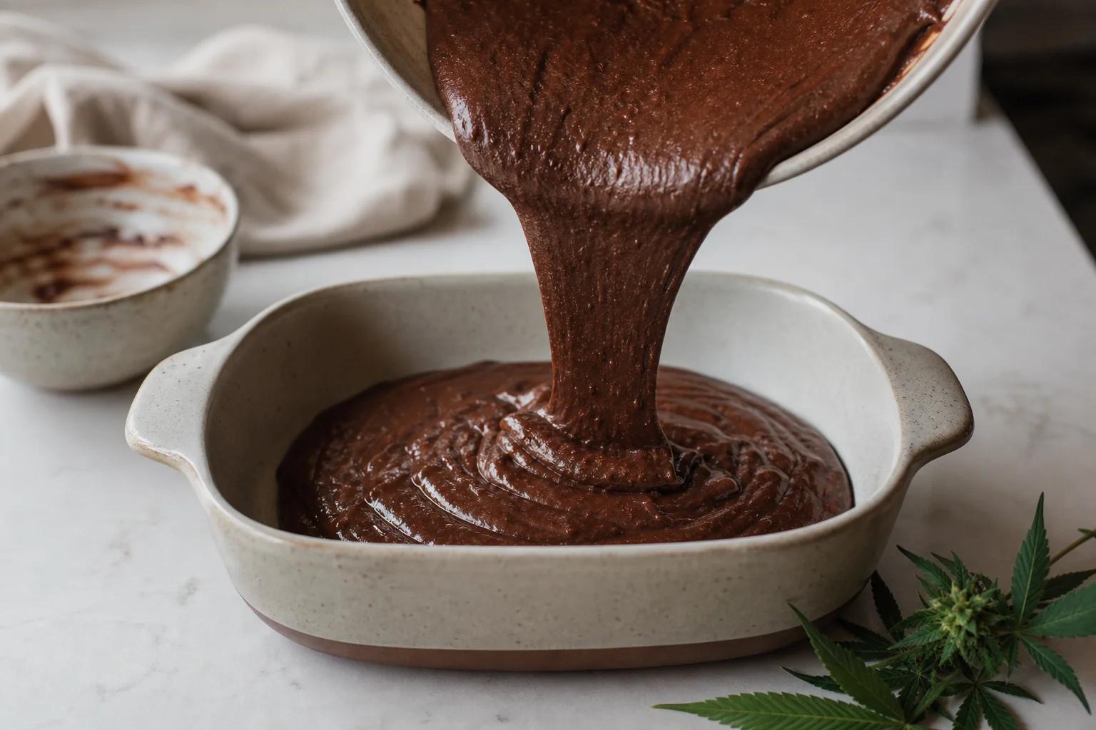Cannabis brownie batter poured into a baking dish