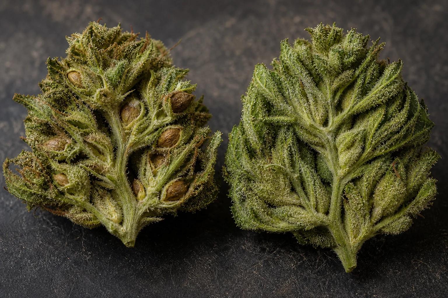 Seeded cannabis bud beside a seedless triploid bud