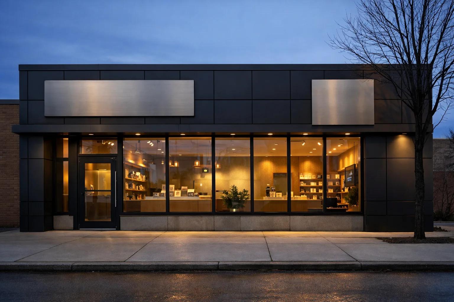 Modern Canadian legal cannabis retail storefront at dusk