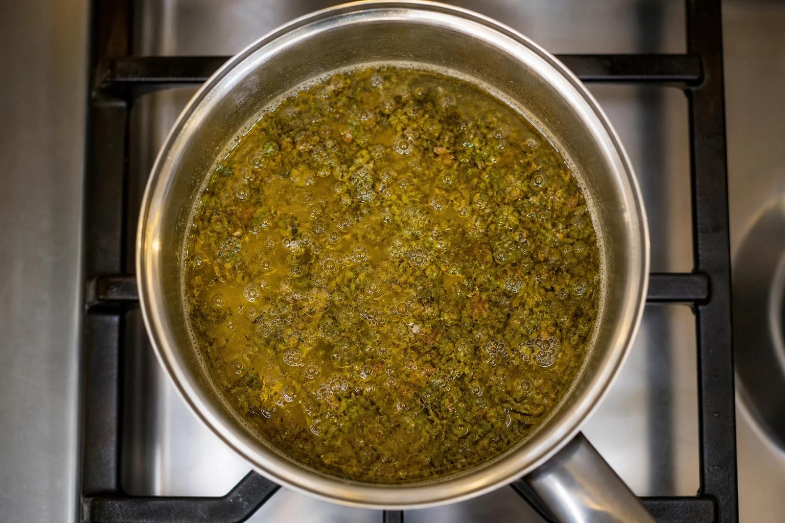 Cannabis mijotant dans du beurre fondu pour faire du beurre de cannabis