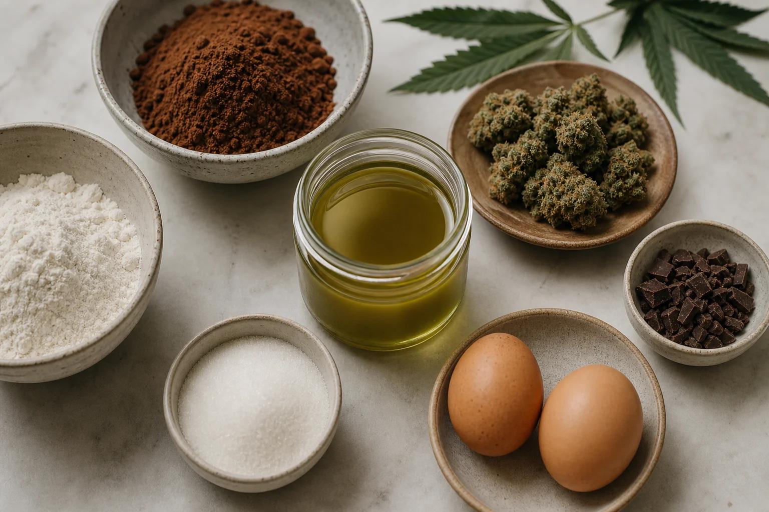 Cannabis brownie ingredients flat-lay including a jar of cannabutter