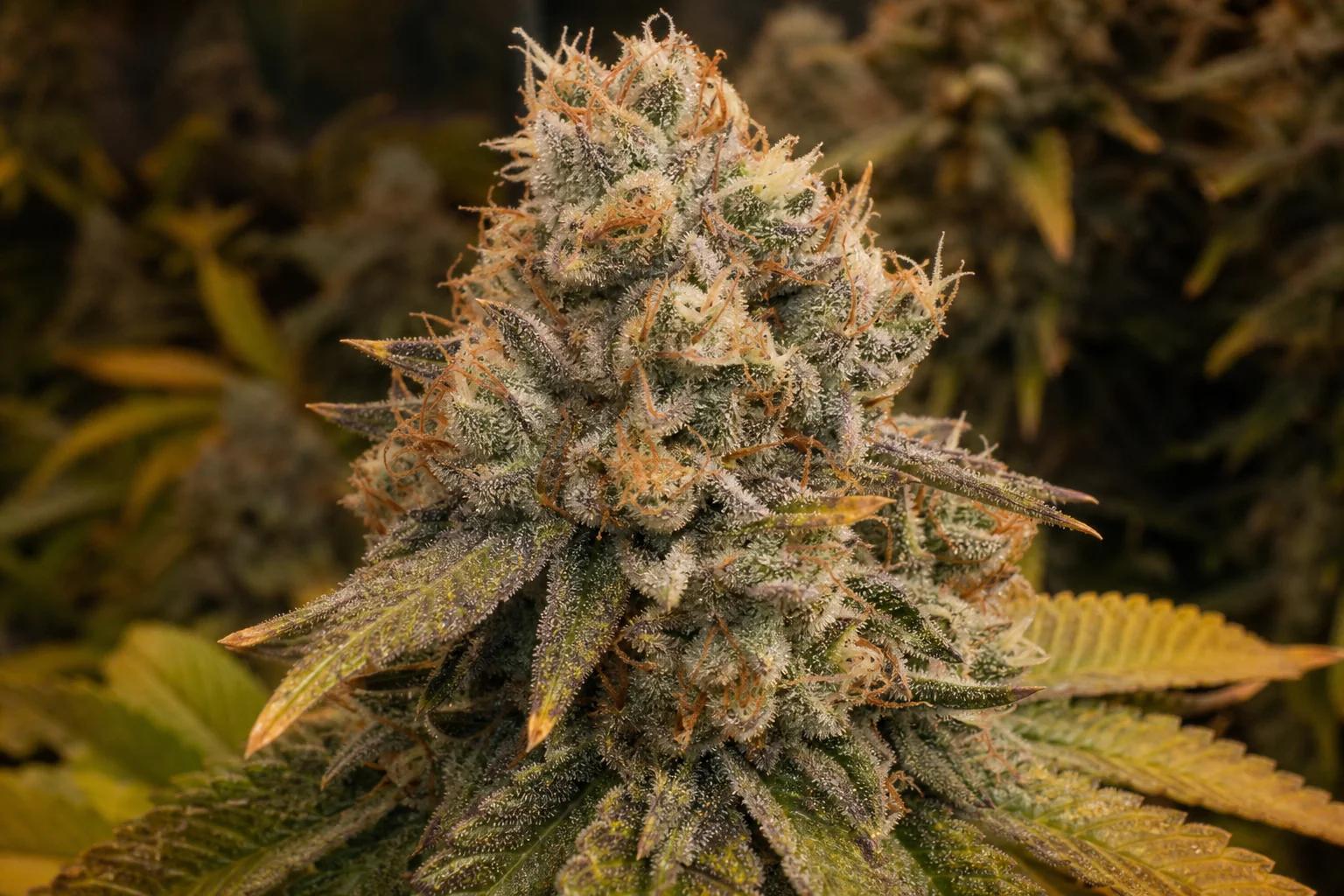 Cola de cannabis dense en fin de floraison avec givre de trichomes